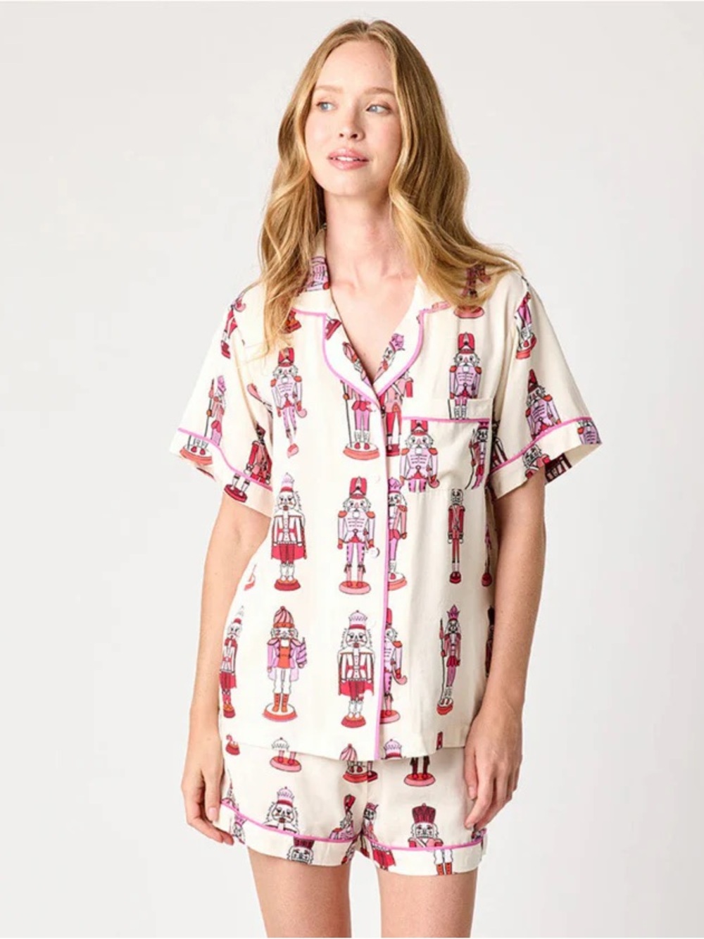 NWT Katie Kime Holiday Short Set Pajama Size Large Pink Cream Nutcracker PJs